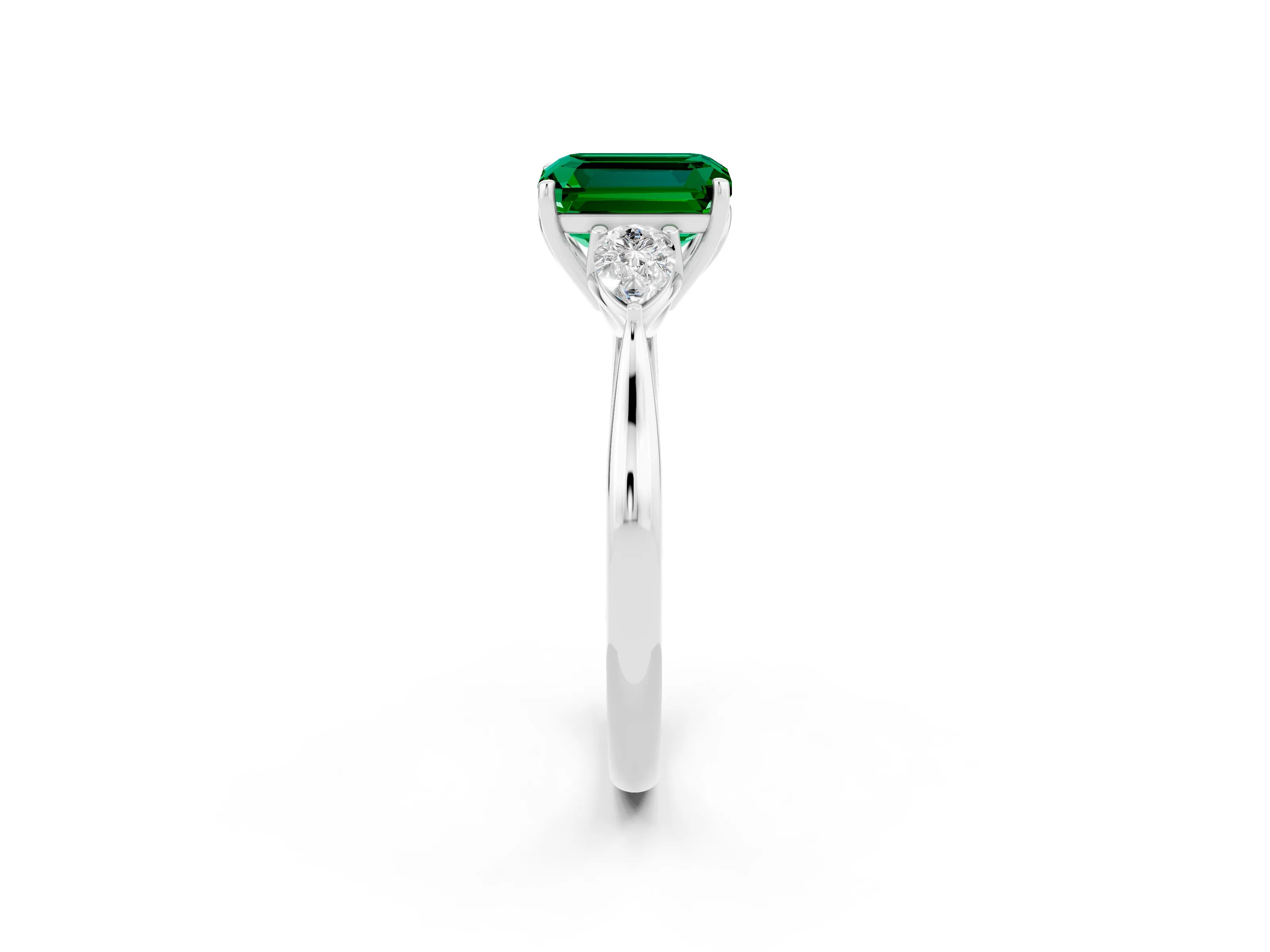 White gold Emerald Cut Emerald Three-Stone Ring with Pear Side Stones and Four-Prong Setting_14