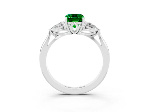 White gold Emerald Cut Emerald Three-Stone Ring with Pear Side Stones and Four-Prong Setting_15