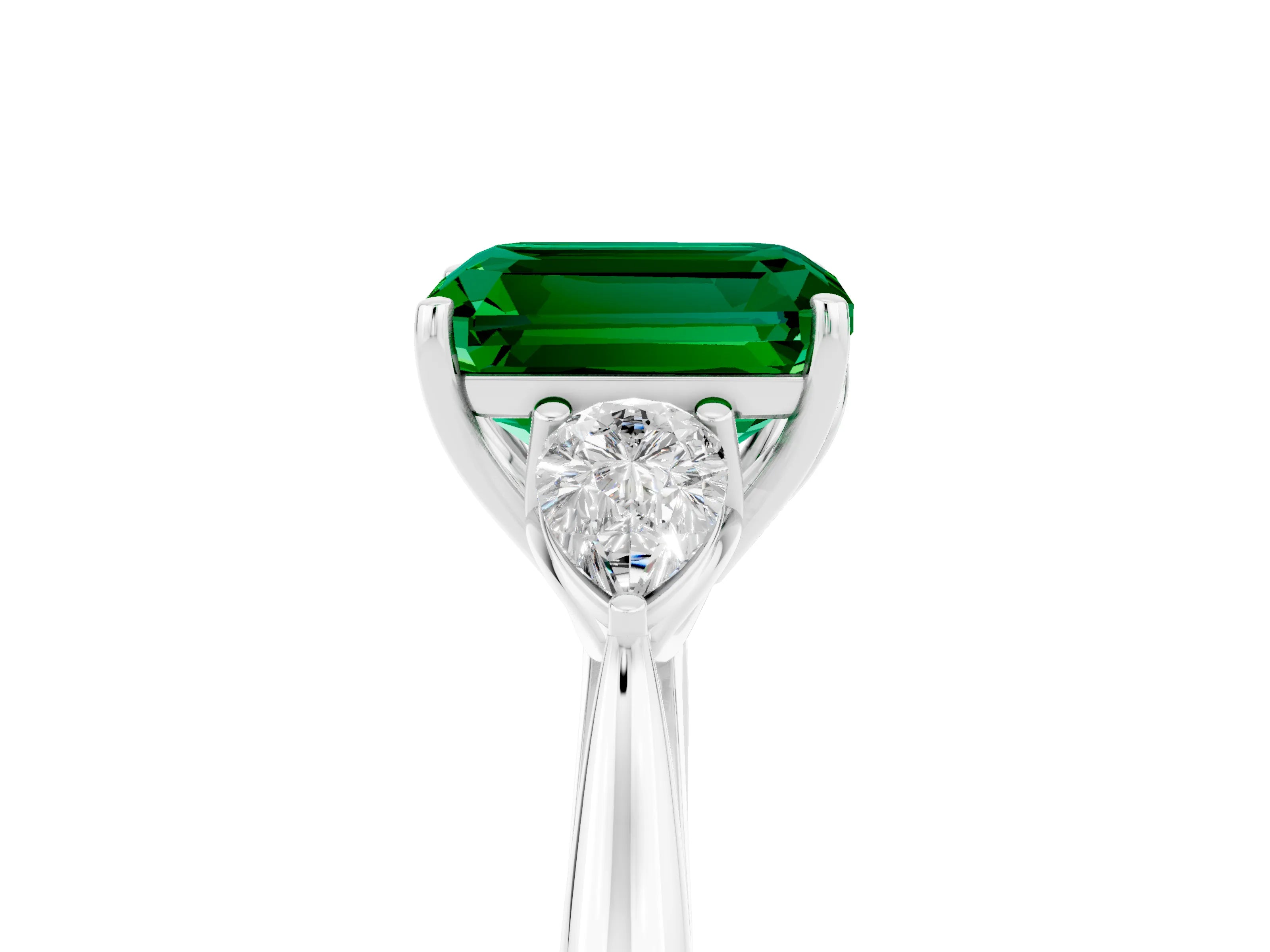 White gold Emerald Cut Emerald Three-Stone Ring with Pear Side Stones and Four-Prong Setting_17