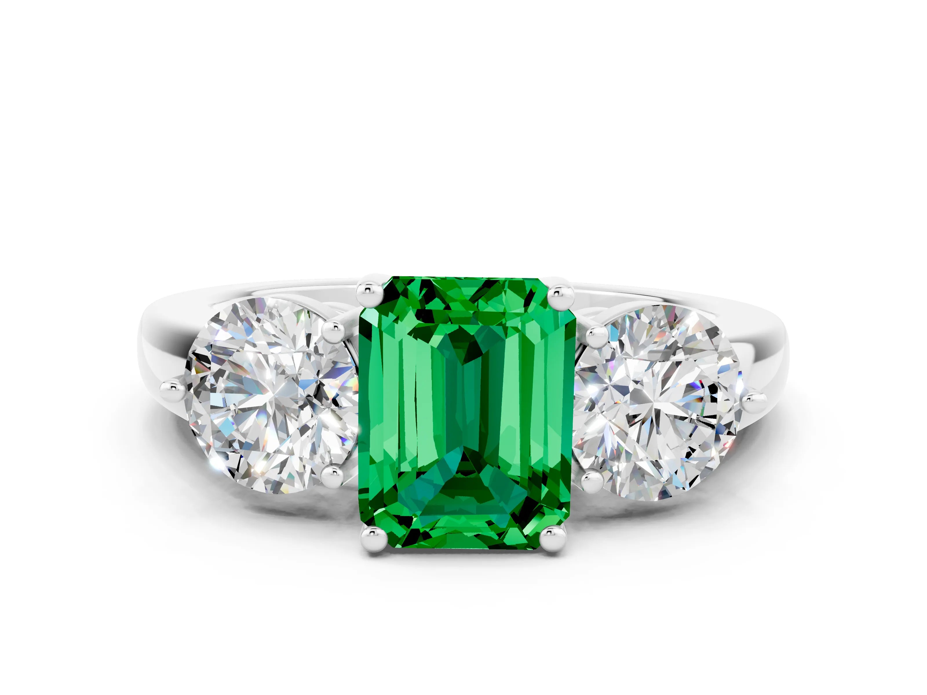 White gold Emerald Cut Emerald Three-Stone Ring with Prong Setting and Classic Band