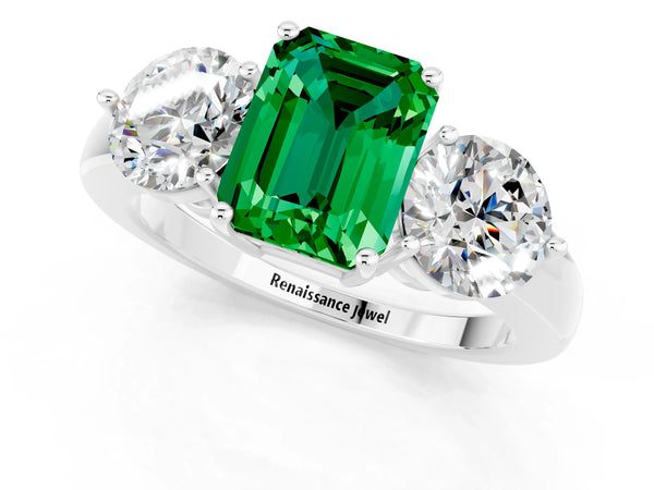 White gold Emerald Cut Emerald Three-Stone Ring with Prong Setting and Classic Band