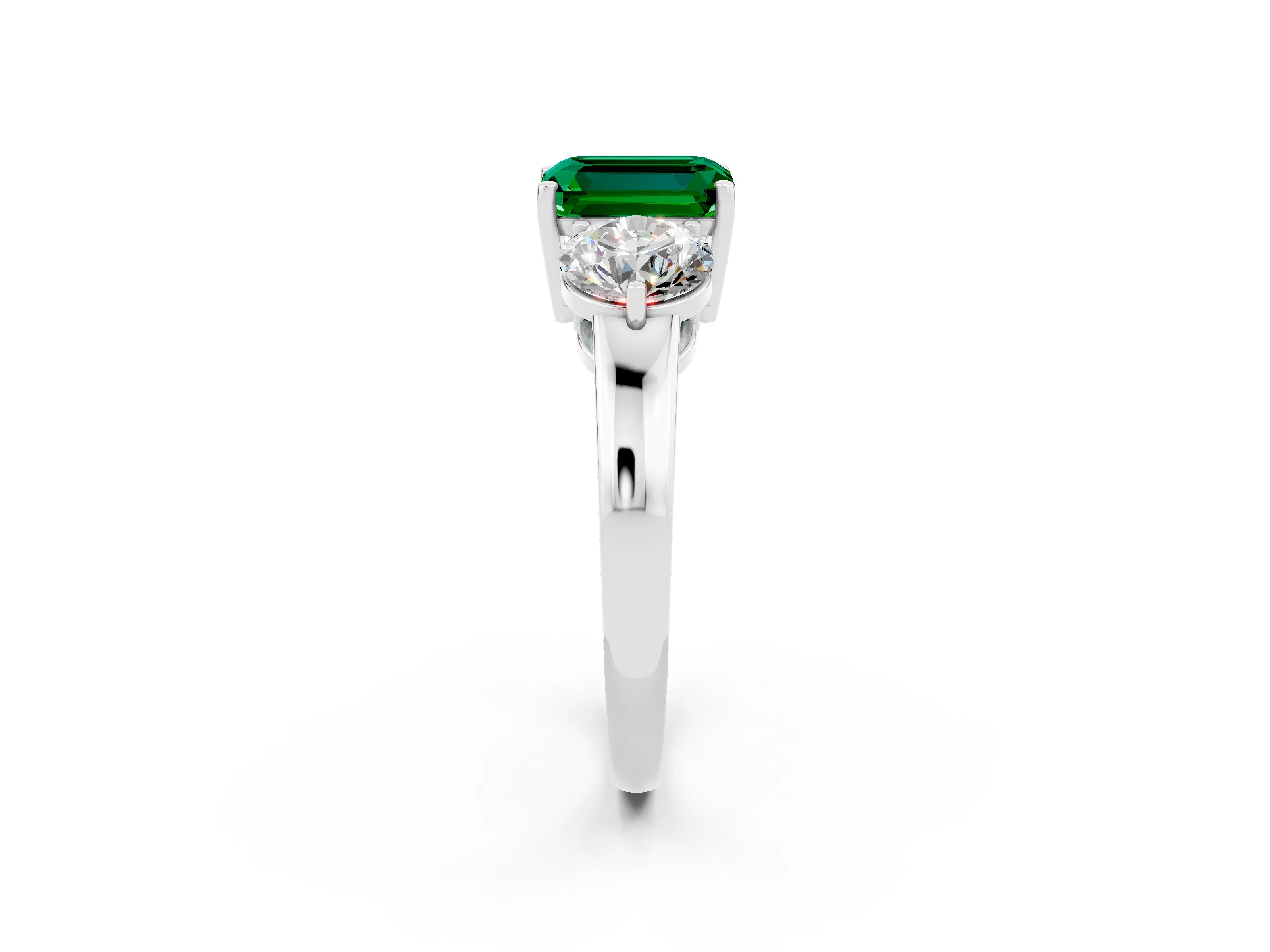 White gold Emerald Cut Emerald Three-Stone Ring with Prong Setting and Classic Band_2