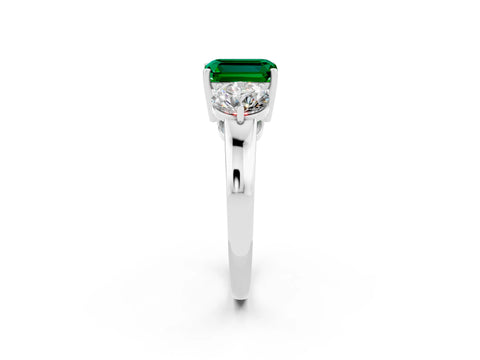White gold Emerald Cut Emerald Three-Stone Ring with Prong Setting and Classic Band_2