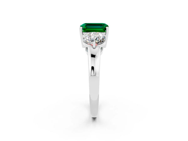 Silver Emerald Cut Emerald Three-Stone Ring with Prong Setting and Classic Band