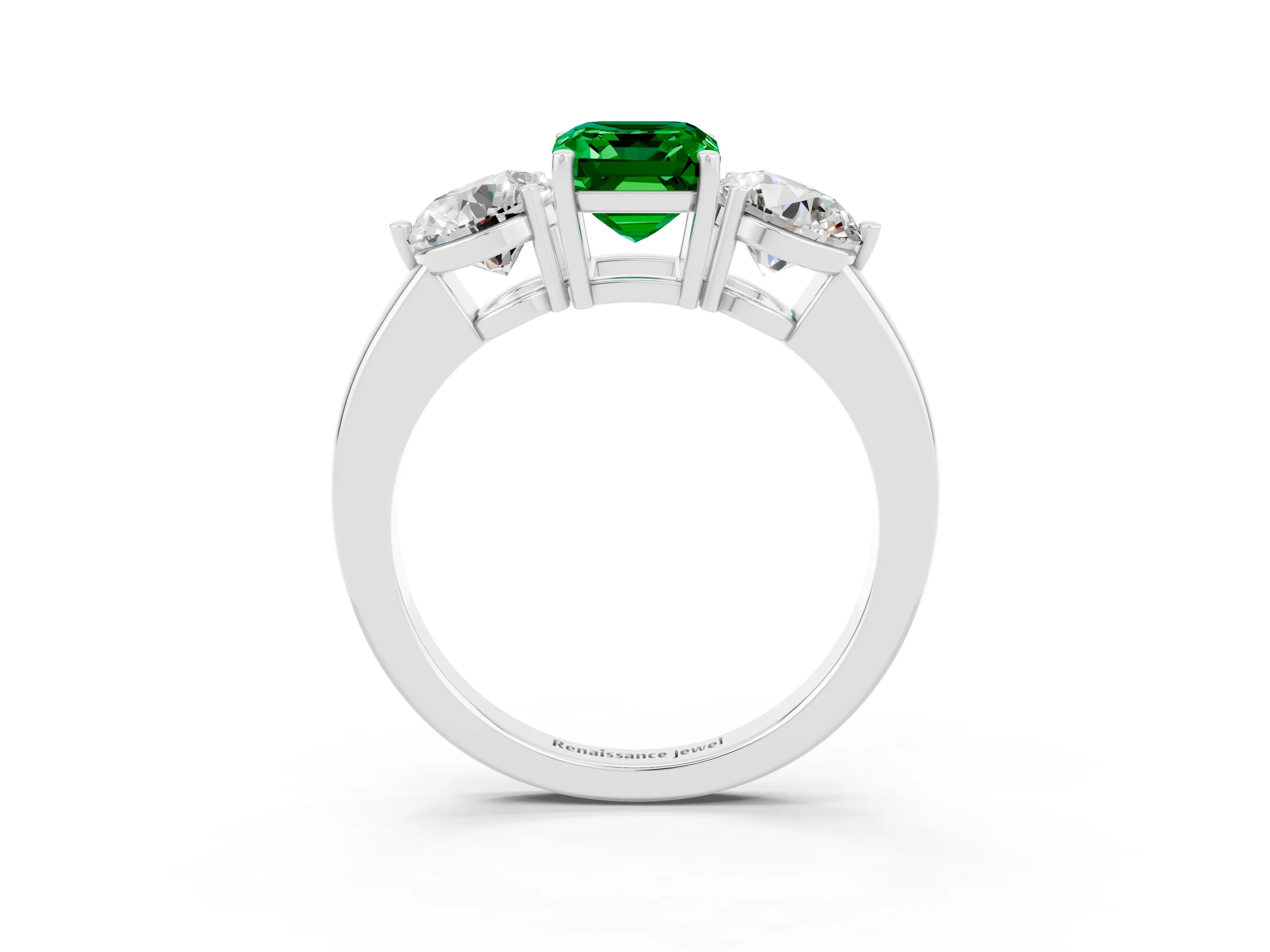 White gold Emerald Cut Emerald Three-Stone Ring with Prong Setting and Classic Band_3
