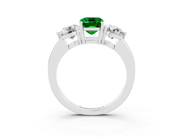 Silver Emerald Cut Emerald Three-Stone Ring with Prong Setting and Classic Band