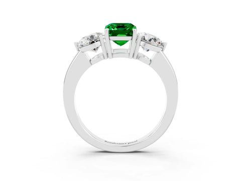 White gold Emerald Cut Emerald Three-Stone Ring with Prong Setting and Classic Band_3