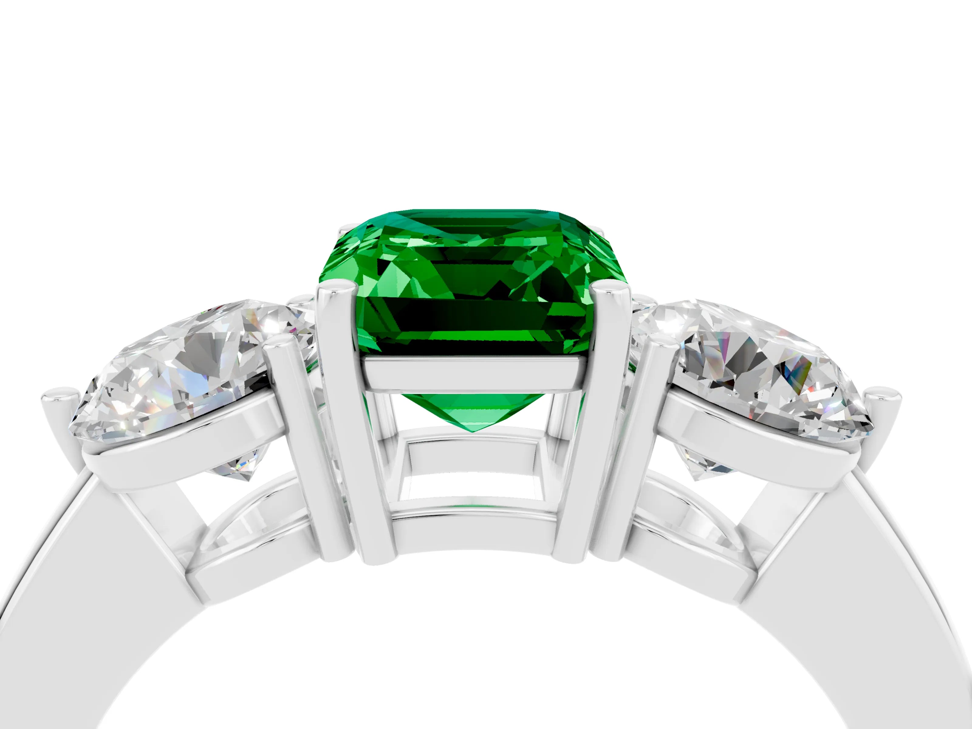 White gold Emerald Cut Emerald Three-Stone Ring with Prong Setting and Classic Band_4