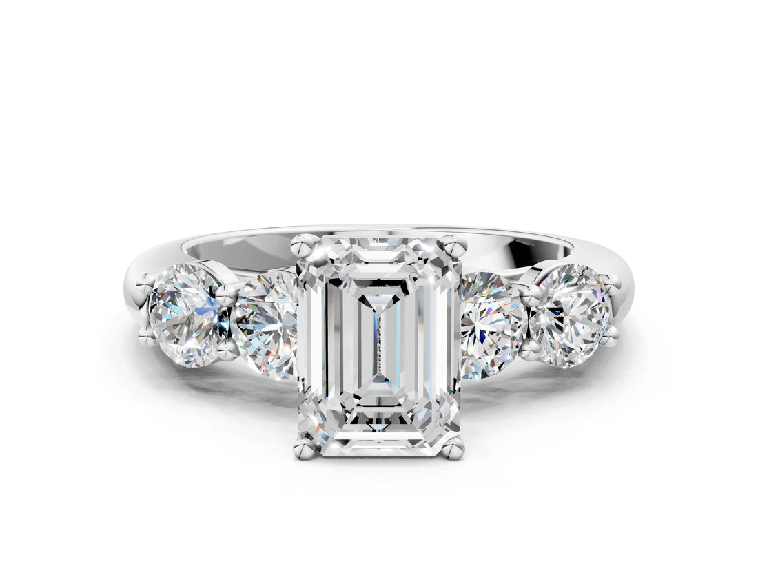 White gold Emerald Cut Five-Stone Prong Set Diamond Ring with Classic Band_67
