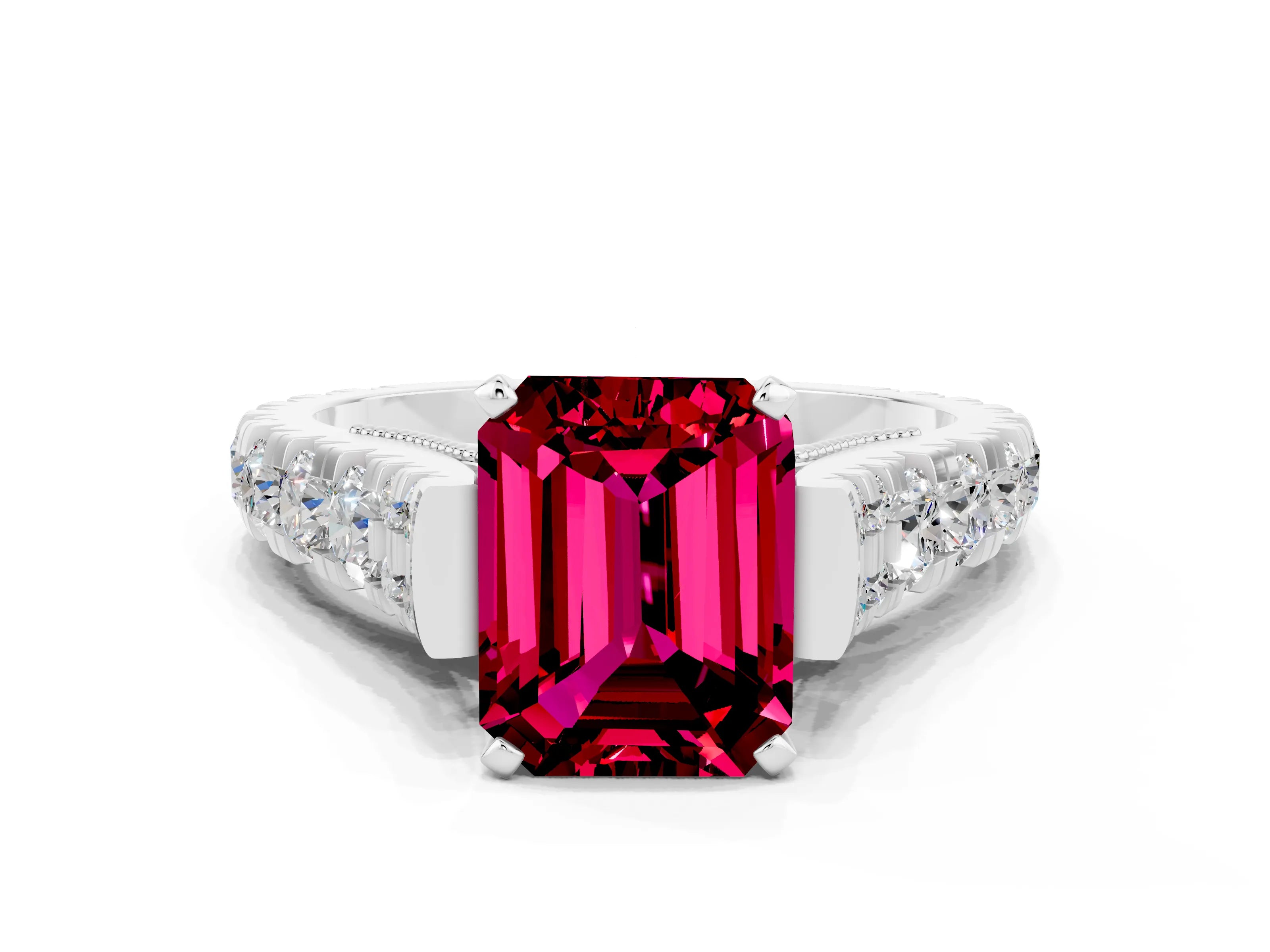 White gold Emerald Cut Garnet Classic Solitaire Ring with Pavé Band and Four-Prong Setting