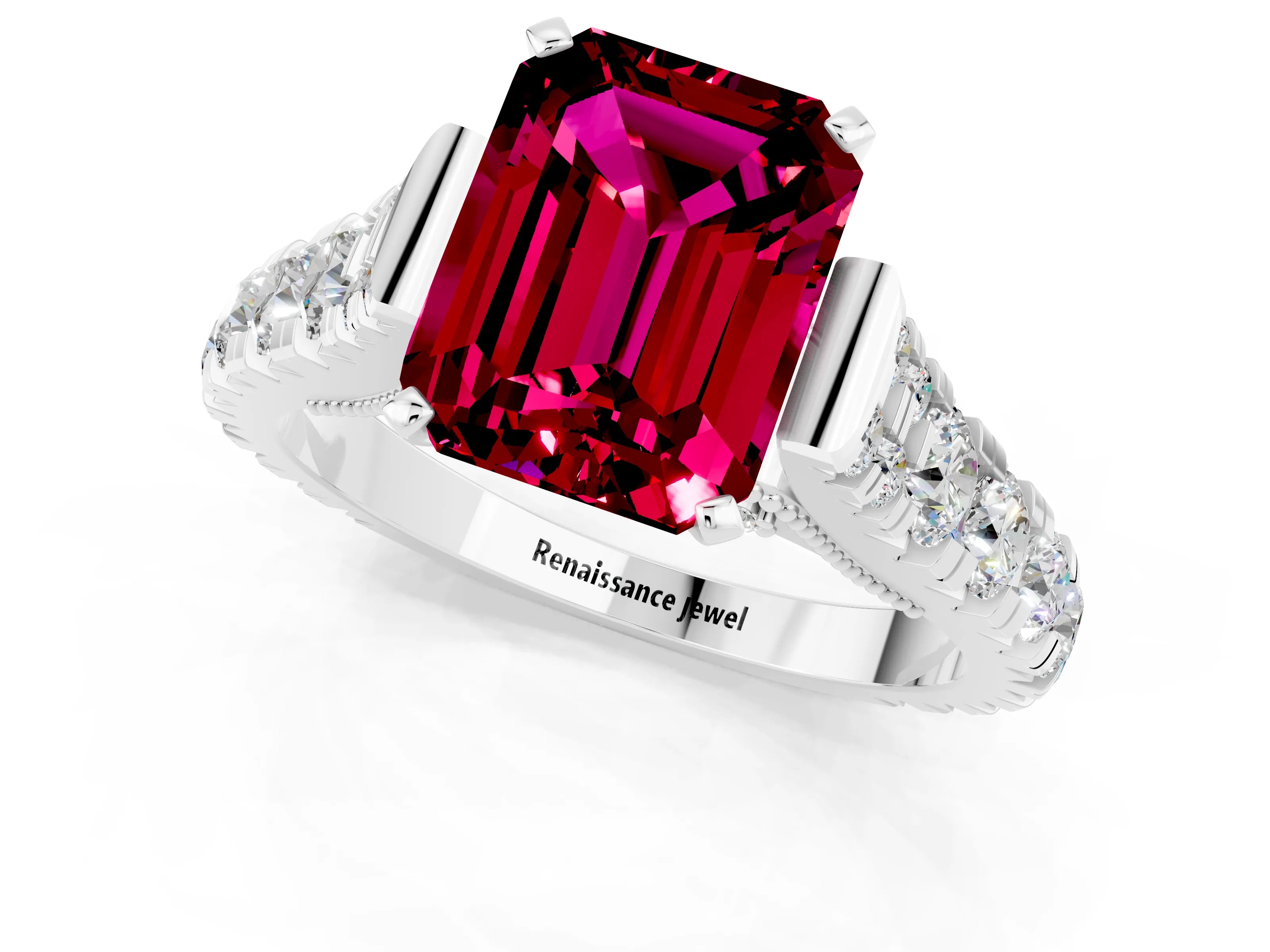 White gold Emerald Cut Garnet Classic Solitaire Ring with Pavé Band and Four-Prong Setting_1