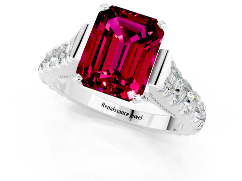 White gold Emerald Cut Garnet Classic Solitaire Ring with Pavé Band and Four-Prong Setting_1