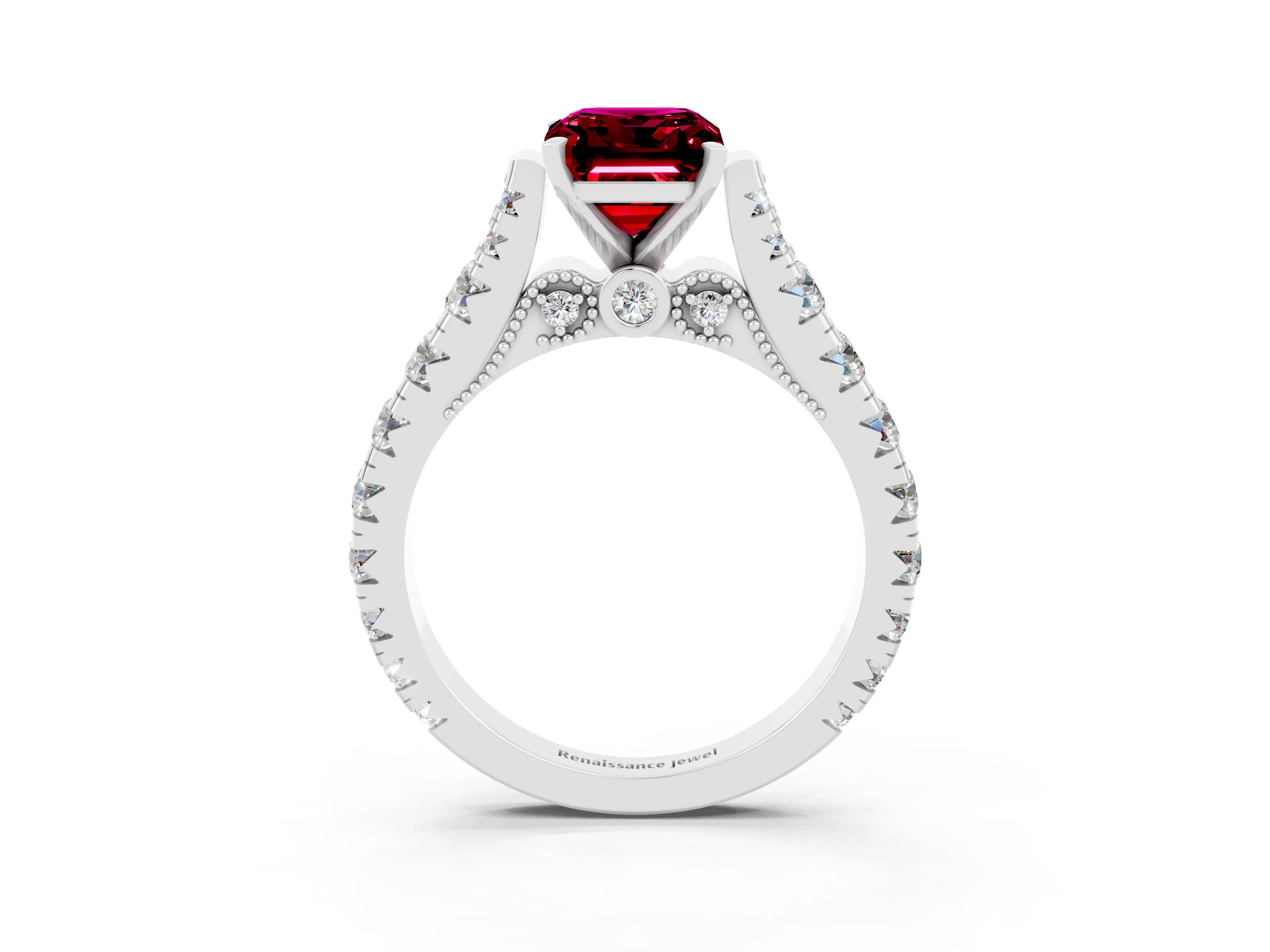 White gold Emerald Cut Garnet Classic Solitaire Ring with Pavé Band and Four-Prong Setting_3