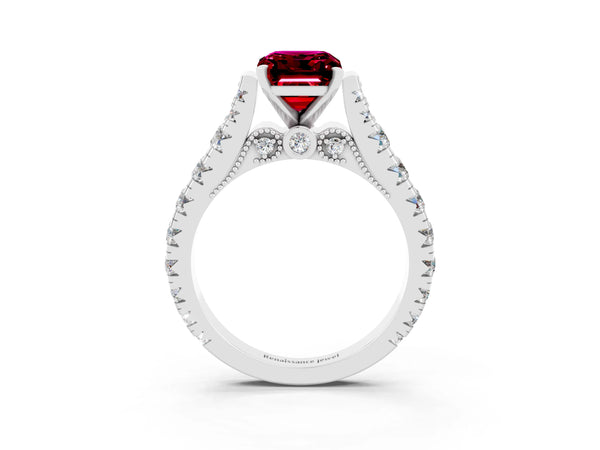 Silver Emerald Cut Garnet Classic Solitaire Ring with Pavé Band and Four-Prong Setting