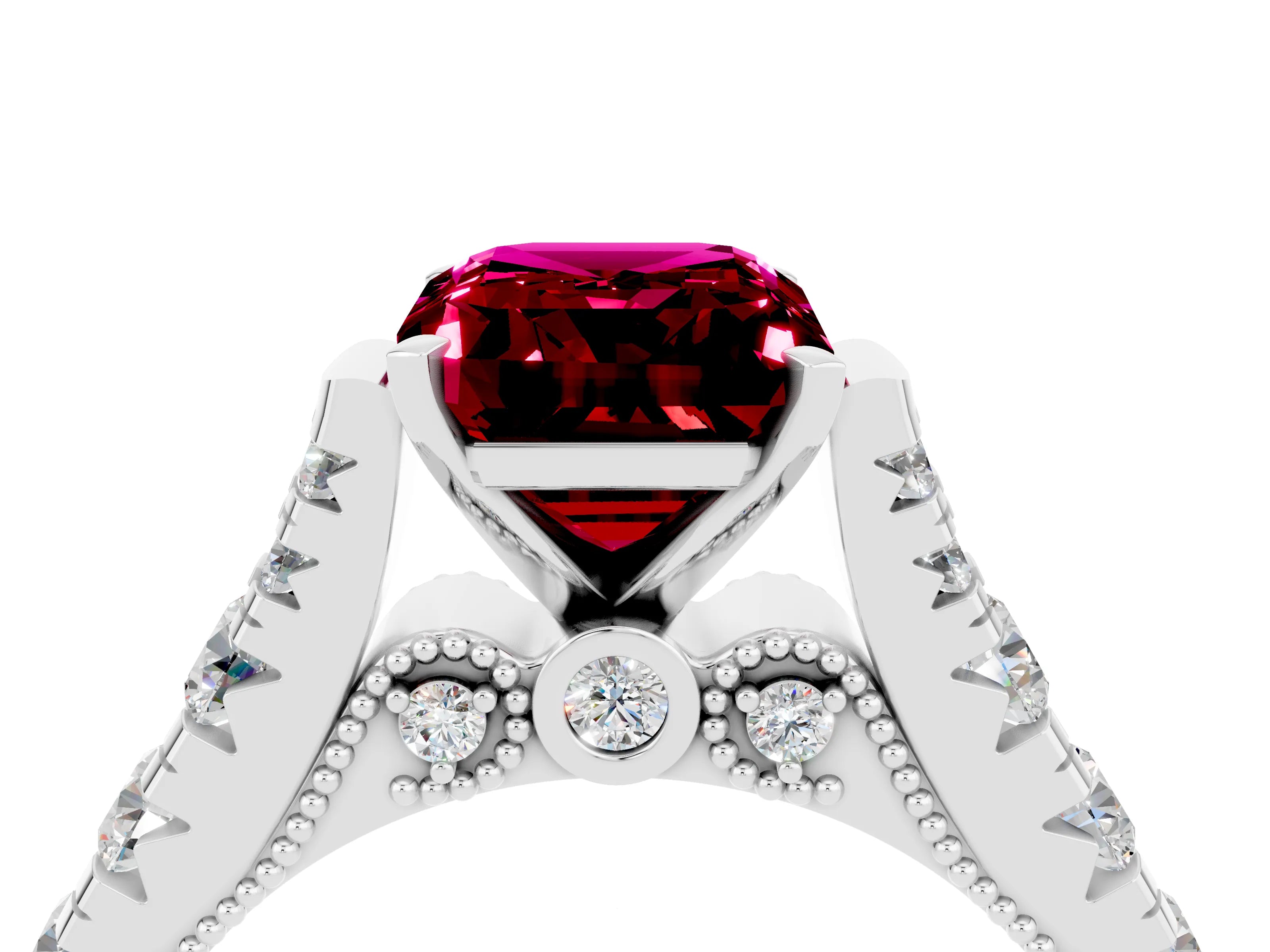 White gold Emerald Cut Garnet Classic Solitaire Ring with Pavé Band and Four-Prong Setting_4