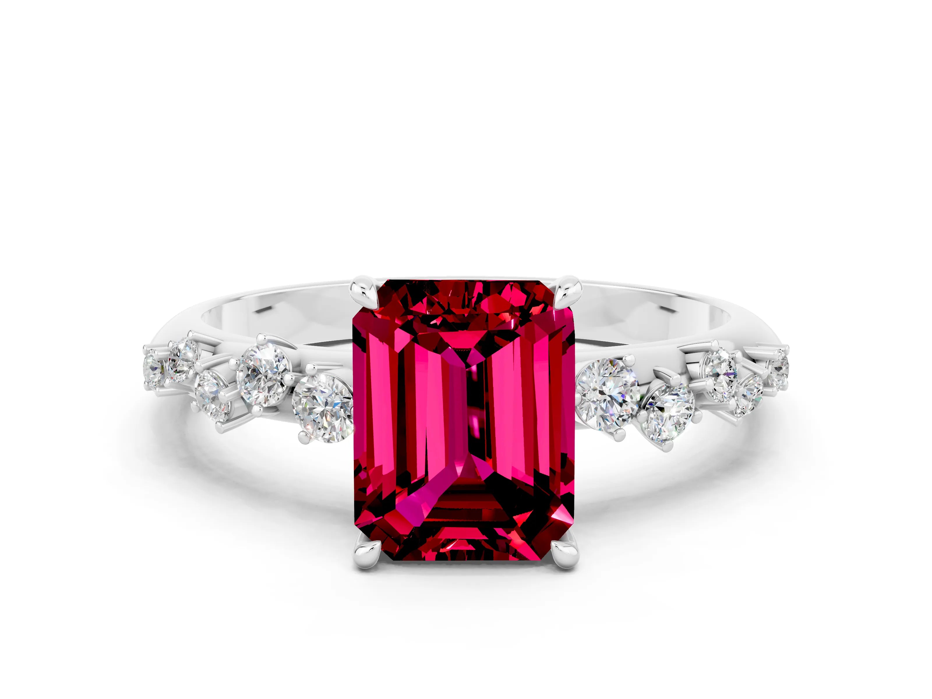 White gold Emerald Cut Garnet Cluster Side Stone Solitaire Ring with Prong Setting_24