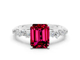 White gold Emerald Cut Garnet Cluster Side Stone Solitaire Ring with Prong Setting_24