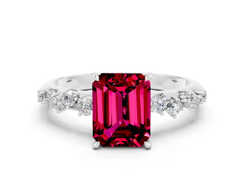 White gold Emerald Cut Garnet Cluster Side Stone Solitaire Ring with Prong Setting_24