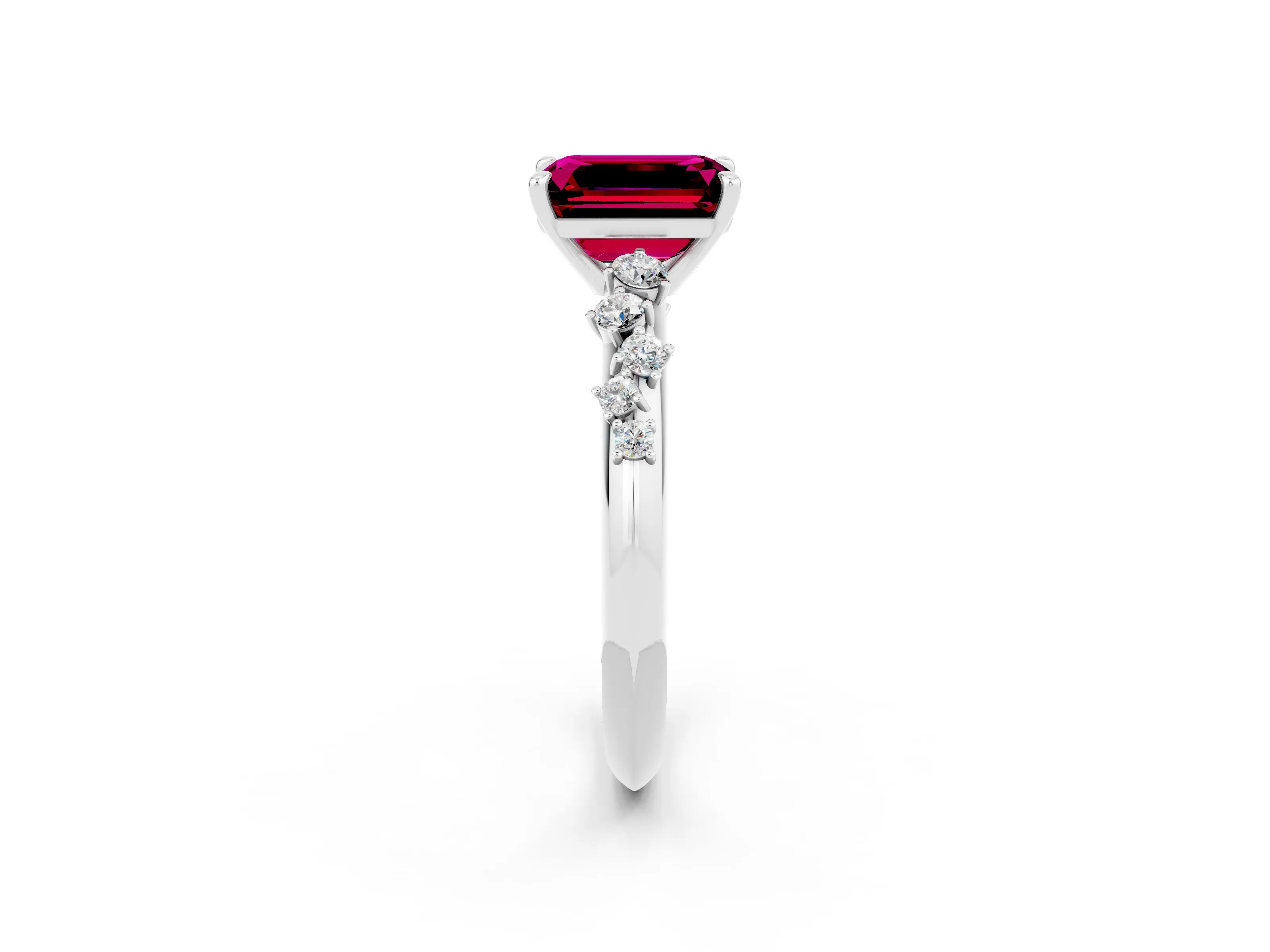 White gold Emerald Cut Garnet Cluster Side Stone Solitaire Ring with Prong Setting_26