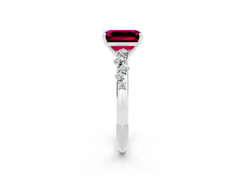 White gold Emerald Cut Garnet Cluster Side Stone Solitaire Ring with Prong Setting_26