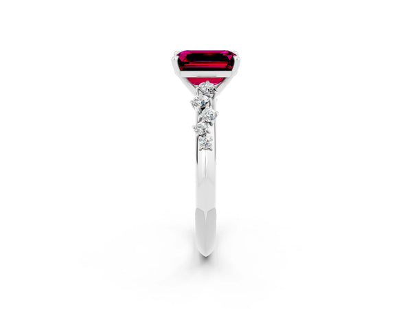 White gold Emerald Cut Garnet Cluster Side Stone Solitaire Ring with Prong Setting