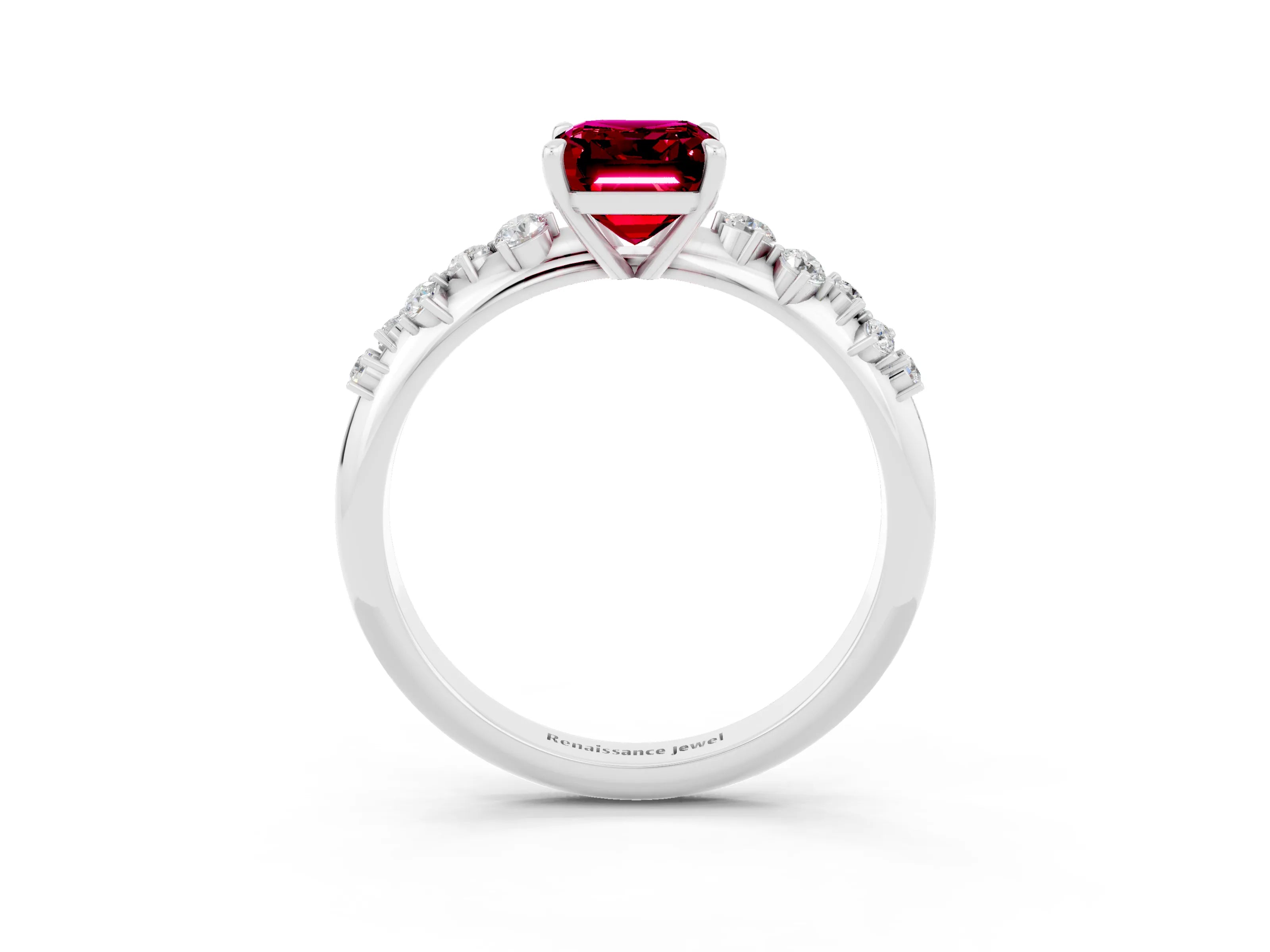 White gold Emerald Cut Garnet Cluster Side Stone Solitaire Ring with Prong Setting_27