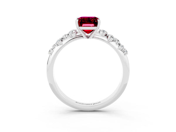 Silver Emerald Cut Garnet Cluster Side Stone Solitaire Ring with Prong Setting