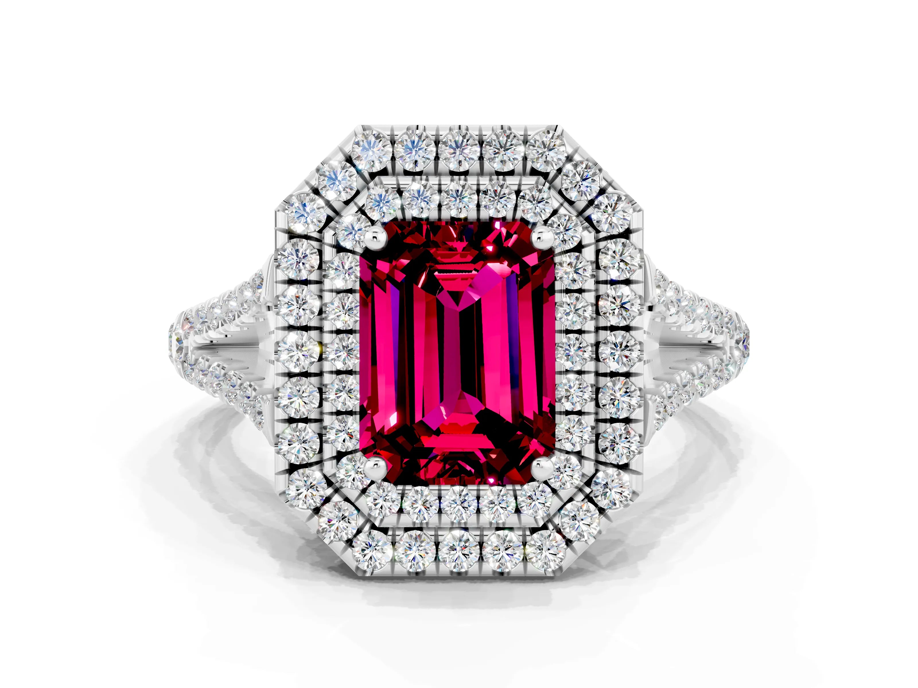 White gold Emerald Cut Garnet Double Halo Ring with Pavé Band and Prong Setting_12