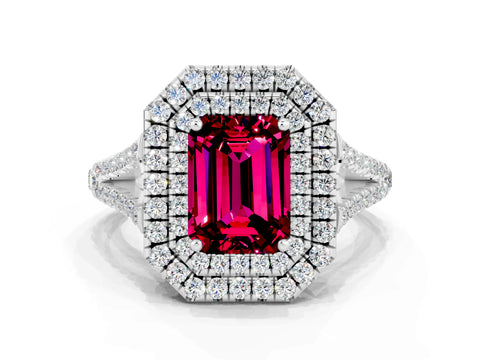 White gold Emerald Cut Garnet Double Halo Ring with Pavé Band and Prong Setting_12