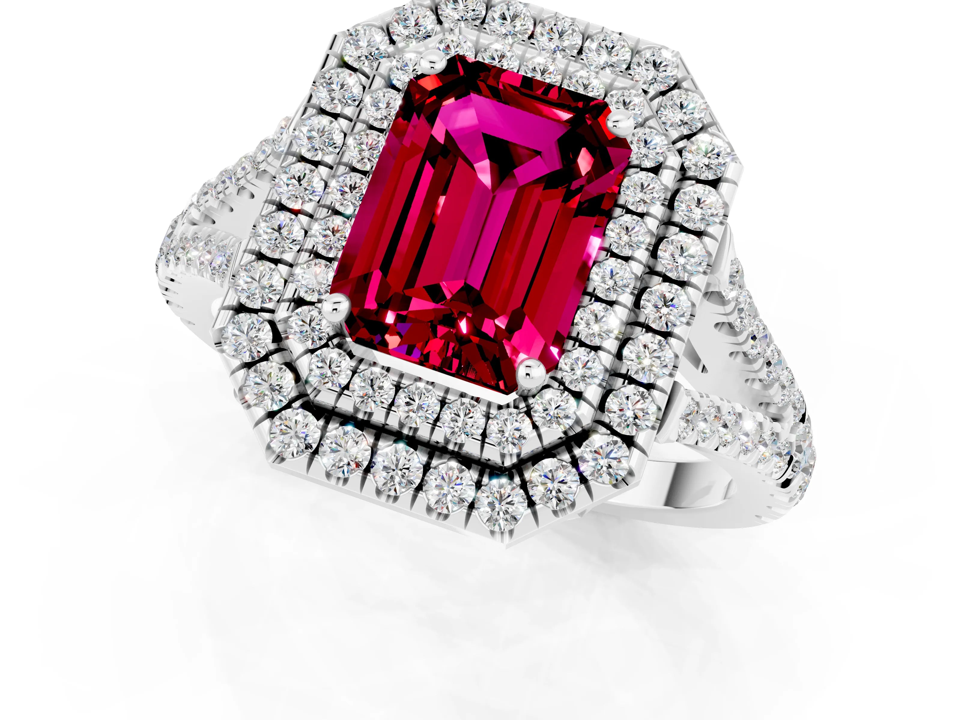 White gold Emerald Cut Garnet Double Halo Ring with Pavé Band and Prong Setting_13