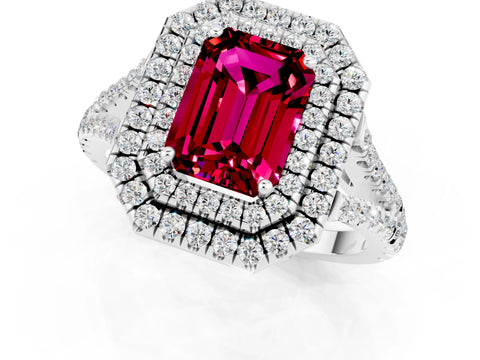 White gold Emerald Cut Garnet Double Halo Ring with Pavé Band and Prong Setting_13