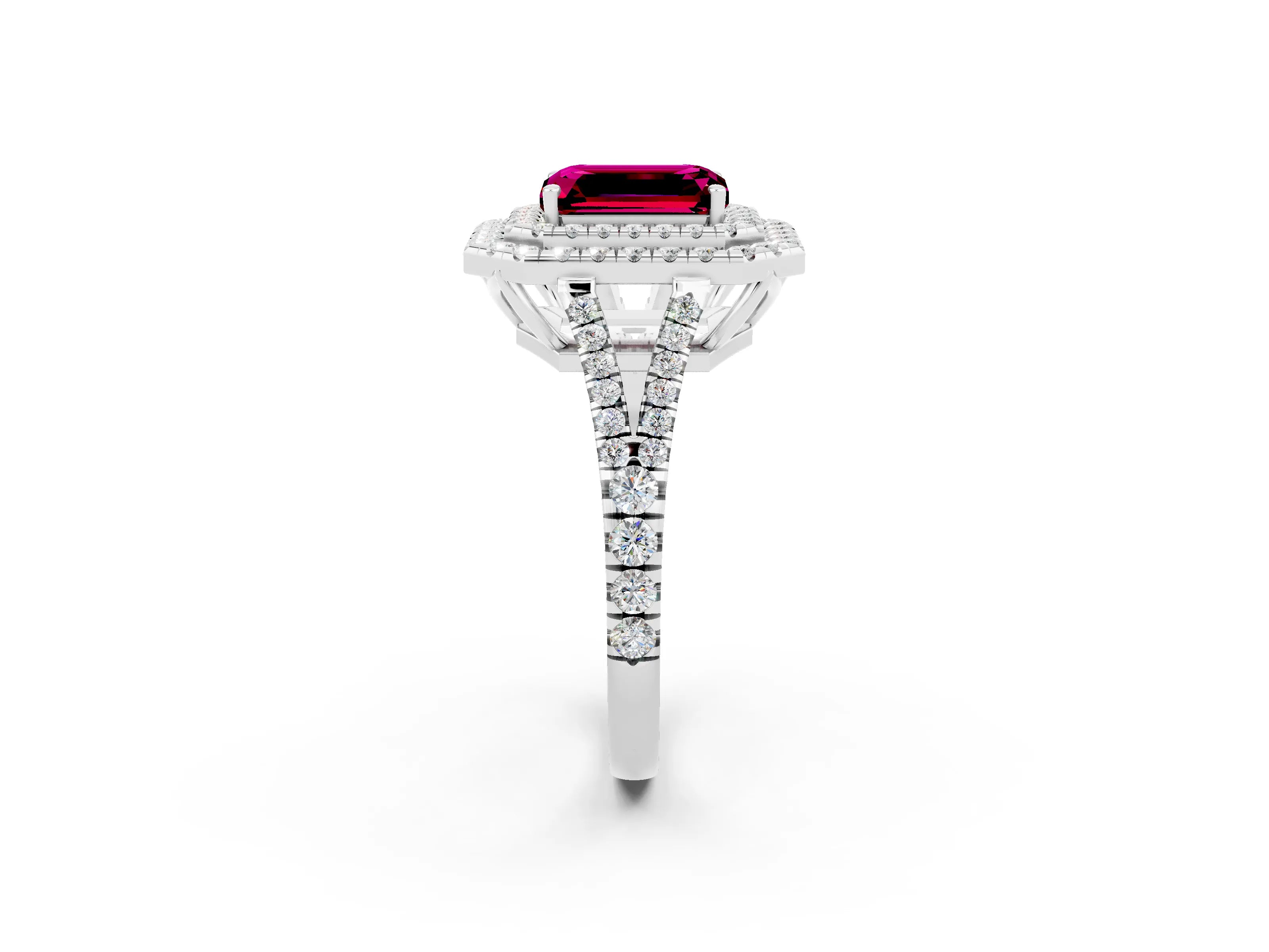 White gold Emerald Cut Garnet Double Halo Ring with Pavé Band and Prong Setting_14