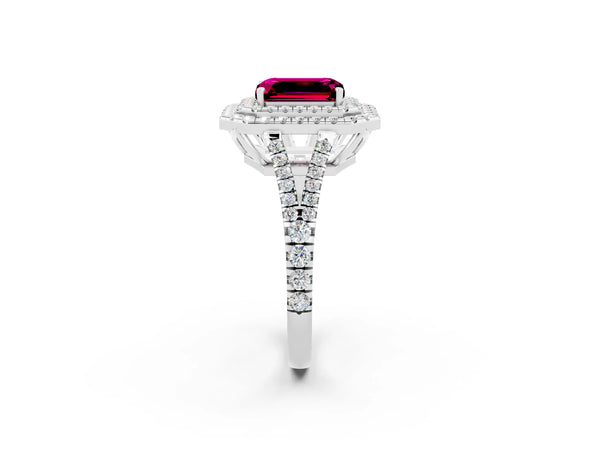 Silver Emerald Cut Garnet Double Halo Ring with Pavé Band and Prong Setting