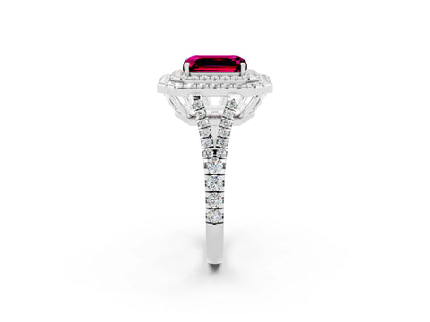 White gold Emerald Cut Garnet Double Halo Ring with Pavé Band and Prong Setting_14
