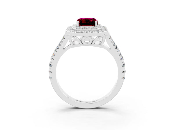 Platinum Emerald Cut Garnet Double Halo Ring with Pavé Band and Prong Setting