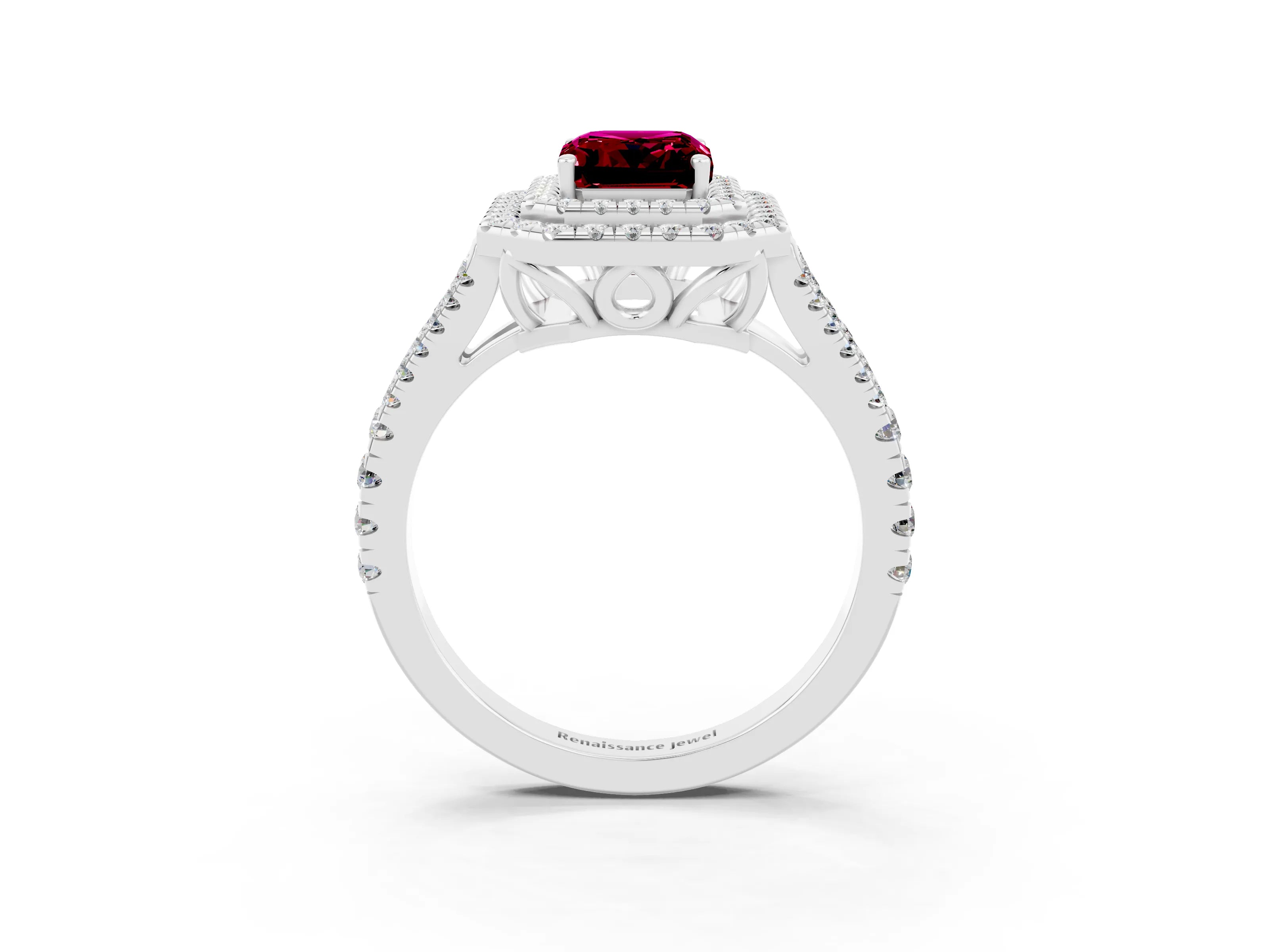 White gold Emerald Cut Garnet Double Halo Ring with Pavé Band and Prong Setting_15