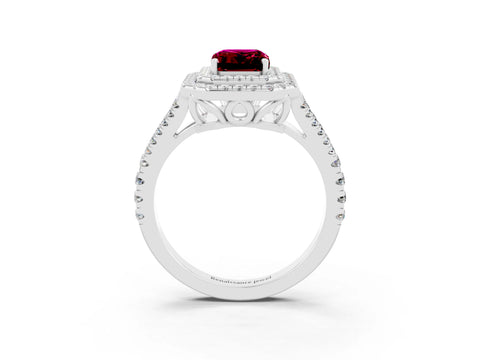 White gold Emerald Cut Garnet Double Halo Ring with Pavé Band and Prong Setting_15