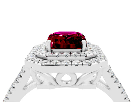 White gold Emerald Cut Garnet Double Halo Ring with Pavé Band and Prong Setting_16