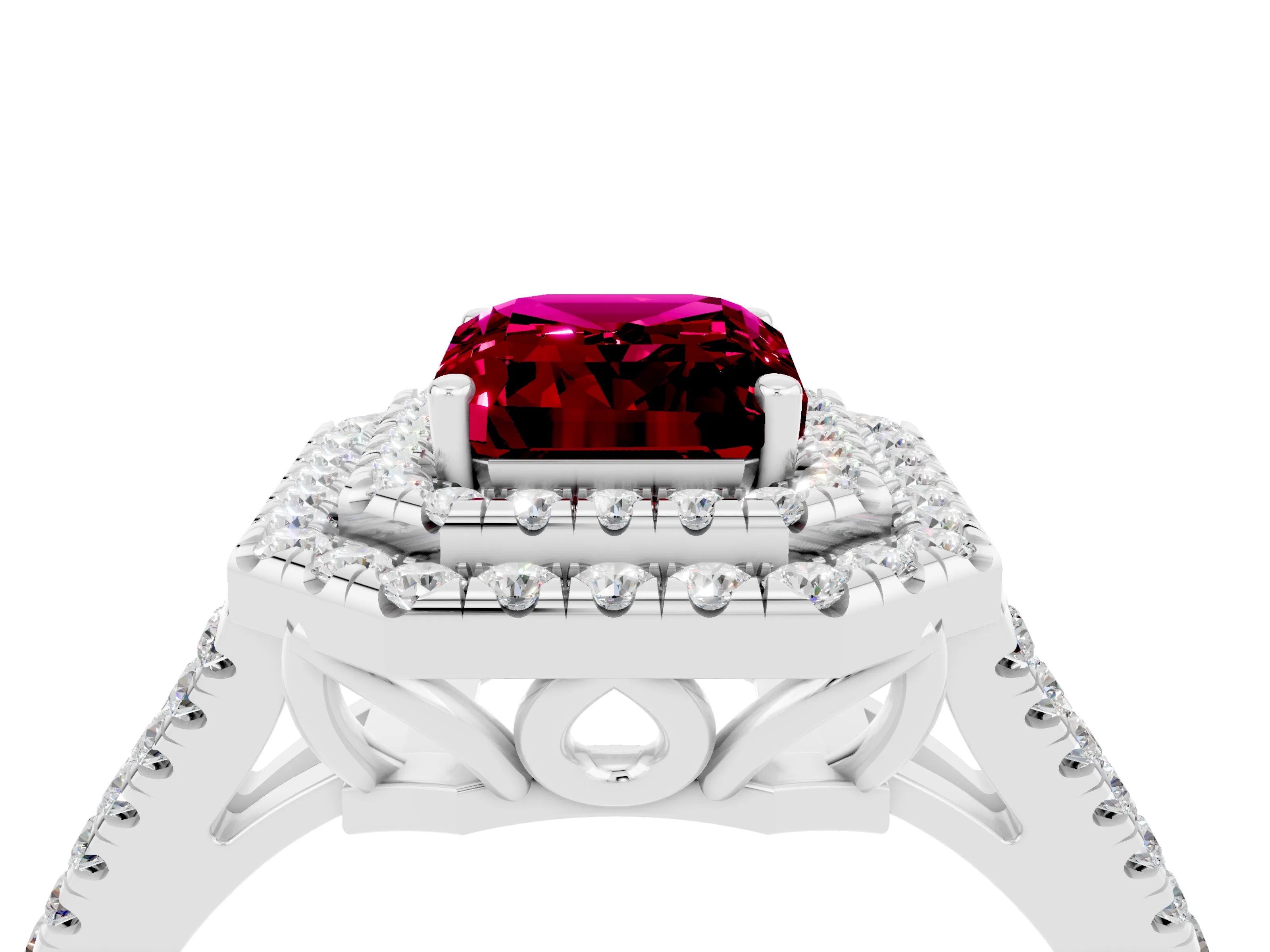 White gold Emerald Cut Garnet Double Halo Ring with Pavé Band and Prong Setting_16