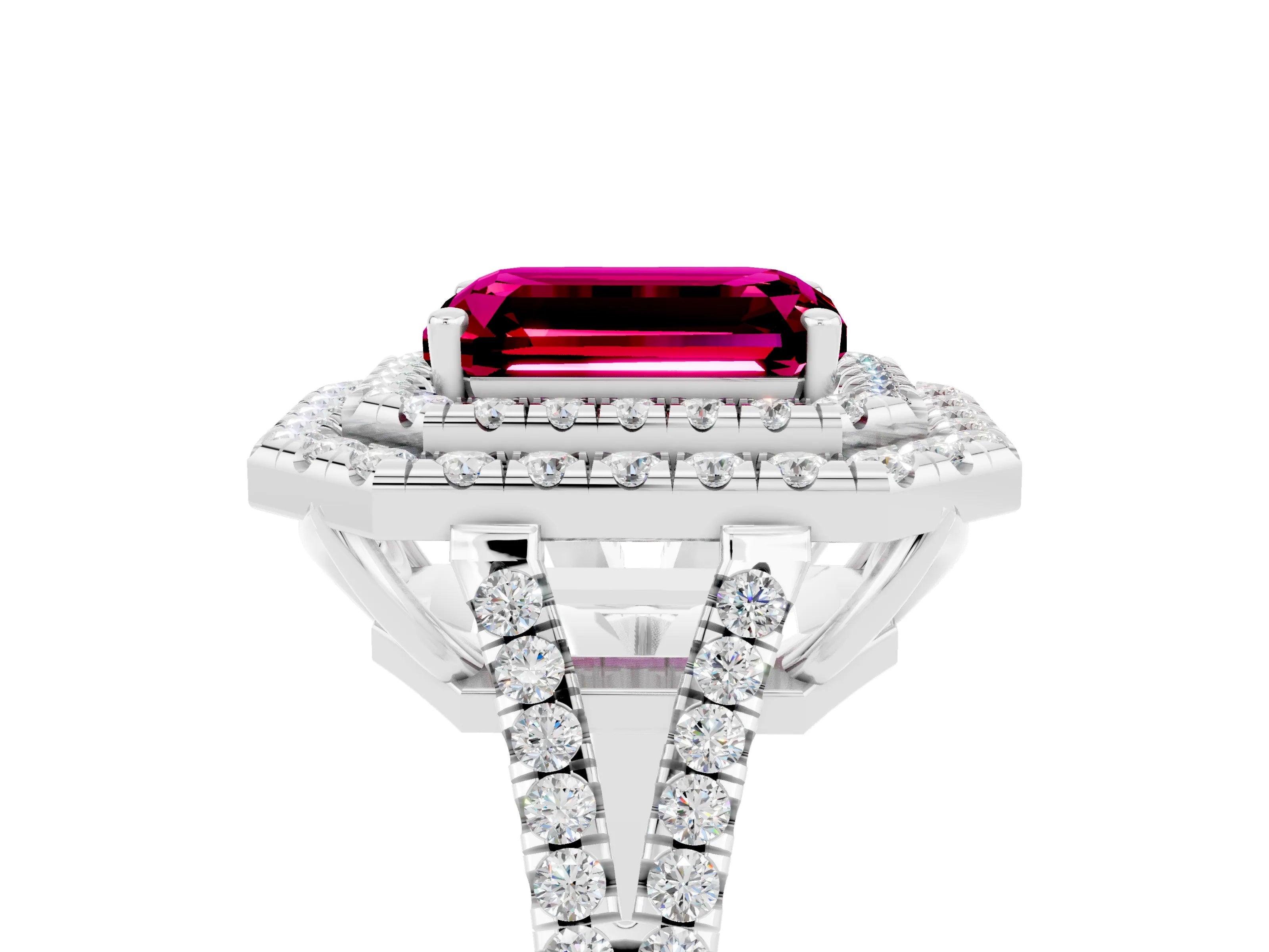 White gold Emerald Cut Garnet Double Halo Ring with Pavé Band and Prong Setting_17