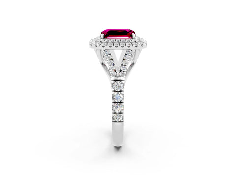 White gold Emerald Cut Garnet Double Halo Ring with Split Shank and Prong Setting_14
