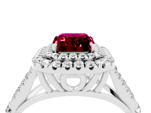 White gold Emerald Cut Garnet Double Halo Ring with Split Shank and Prong Setting_16