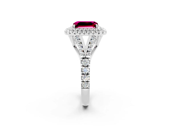 White gold Emerald Cut Garnet Double Halo Ring with Split Shank and Prong Setting