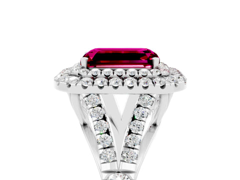White gold Emerald Cut Garnet Double Halo Ring with Split Shank and Prong Setting_29