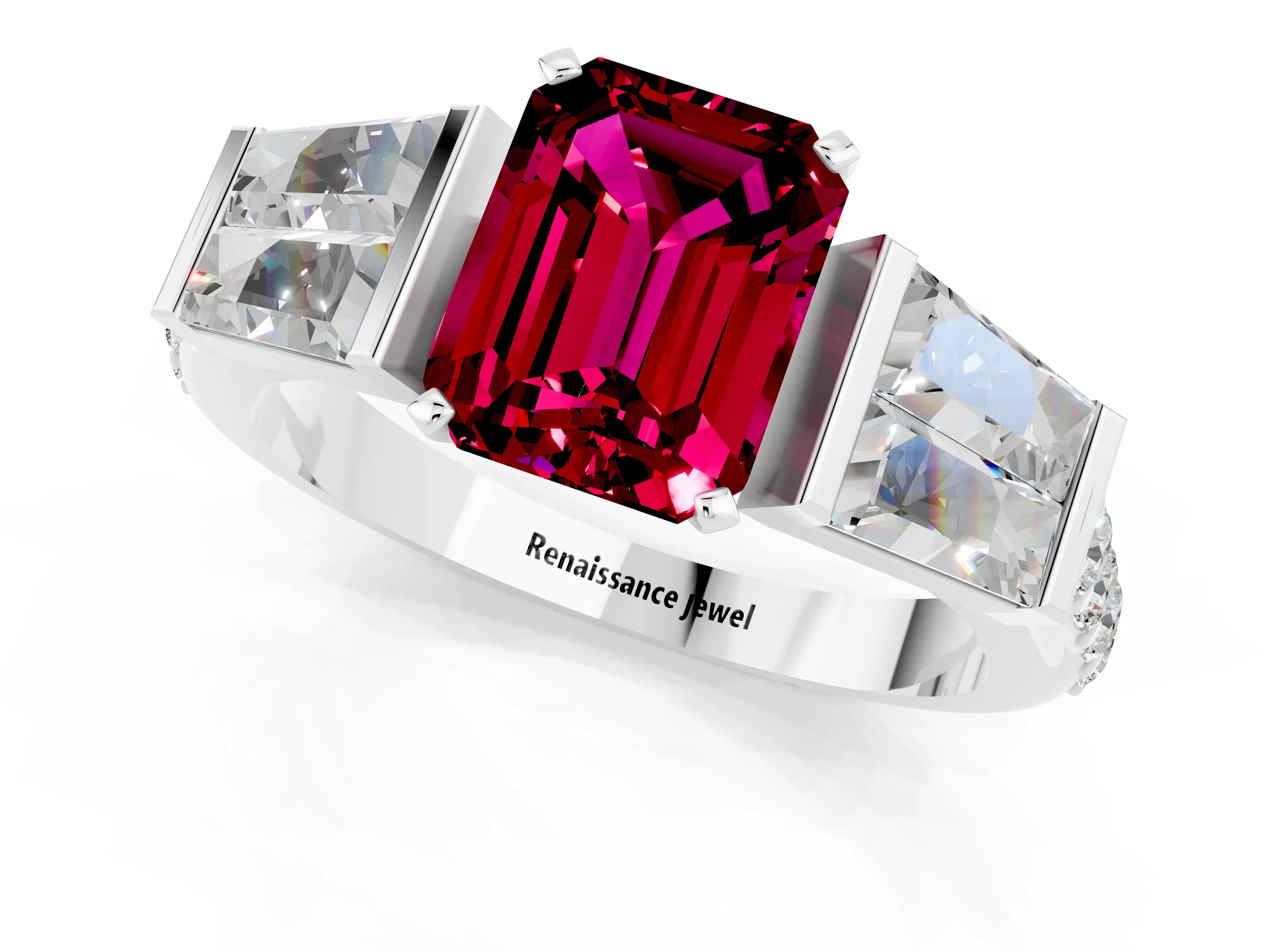 White gold Emerald Cut Garnet Engagement Ring with Baguette Side Stones and Channel Set Band_1