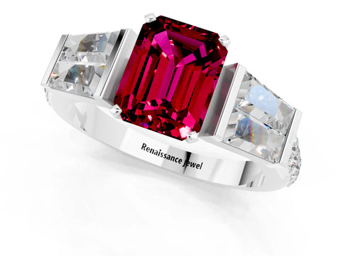 White gold Emerald Cut Garnet Engagement Ring with Baguette Side Stones and Channel Set Band_1