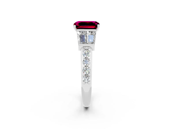 Platinum Emerald Cut Garnet Engagement Ring with Baguette Side Stones and Channel Set Band