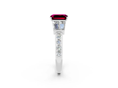White gold Emerald Cut Garnet Engagement Ring with Baguette Side Stones and Channel Set Band_2