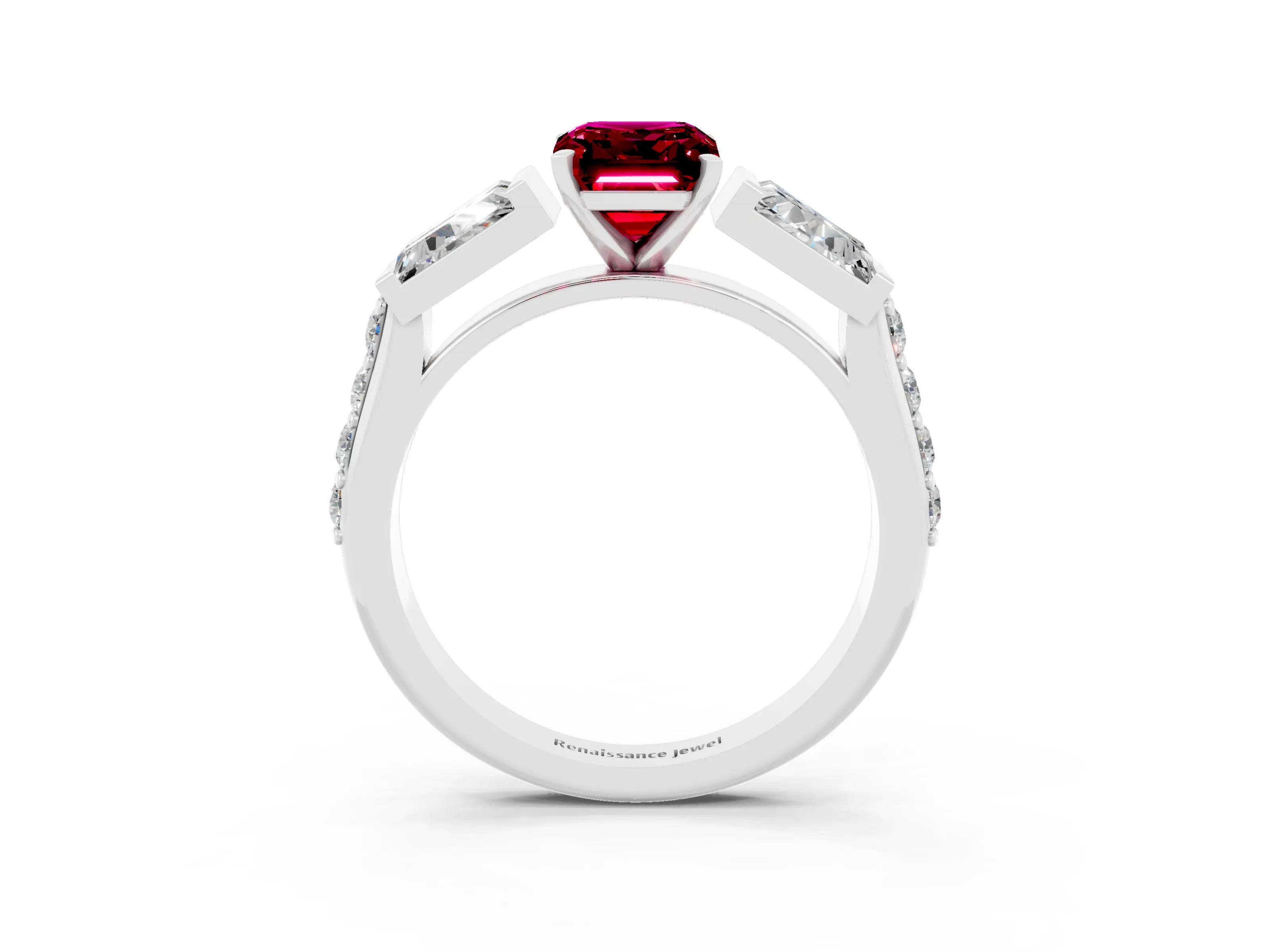 White gold Emerald Cut Garnet Engagement Ring with Baguette Side Stones and Channel Set Band_3