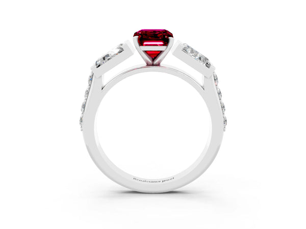 Silver Emerald Cut Garnet Engagement Ring with Baguette Side Stones and Channel Set Band